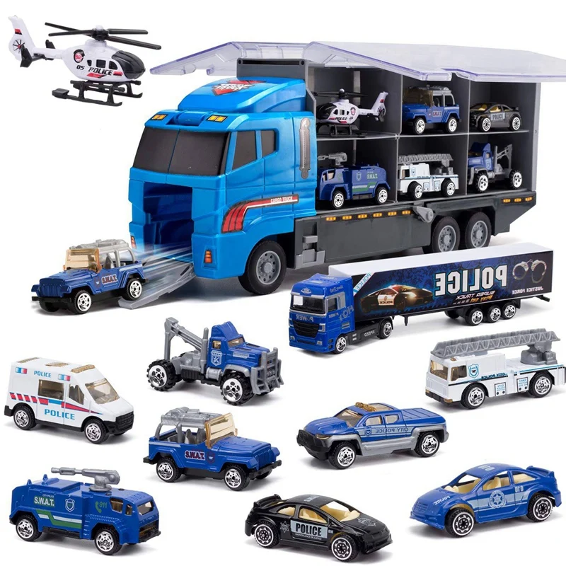 

10-In-1 Police Transport Truck, Mini Die-Cast Toy Car, Loaded Car Toy Set