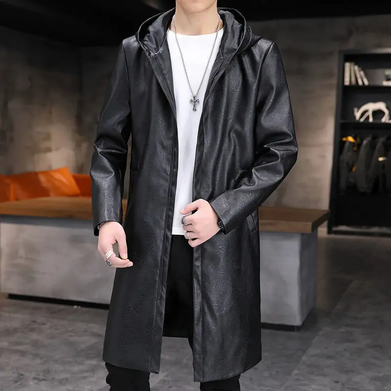 

Men 's Zipper Leather Jacket Korean Slim Fit Lapel Hooded Mid-Length Windbreaker Youth Windproof Leather Jacket