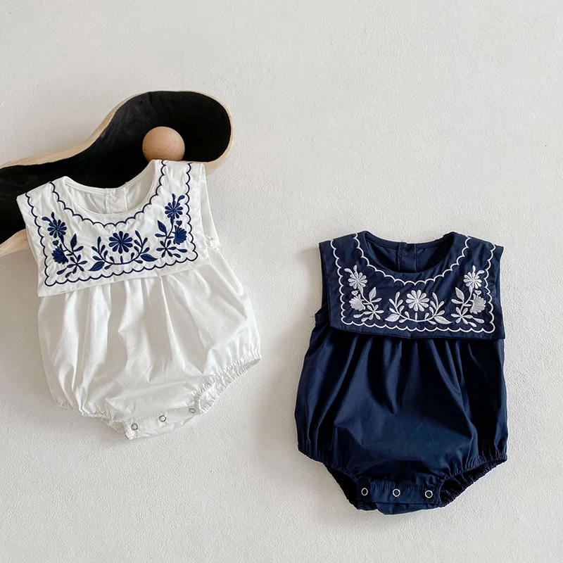 

2021 Summer Baby Girls Clothes Romper Fashion Sleeveless Romper Blue White Embroidery Fashion Navy Collar Jumpsuit Kids Clothes