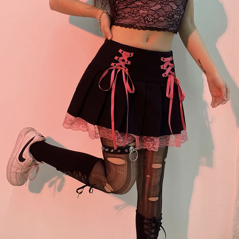 Sweetown Lace Up Goth Y2K Pleated Skirt Woman Punk Style Dark Academia Aesthetic Vintage 90s Streetwear Black Dance Mini Skirts