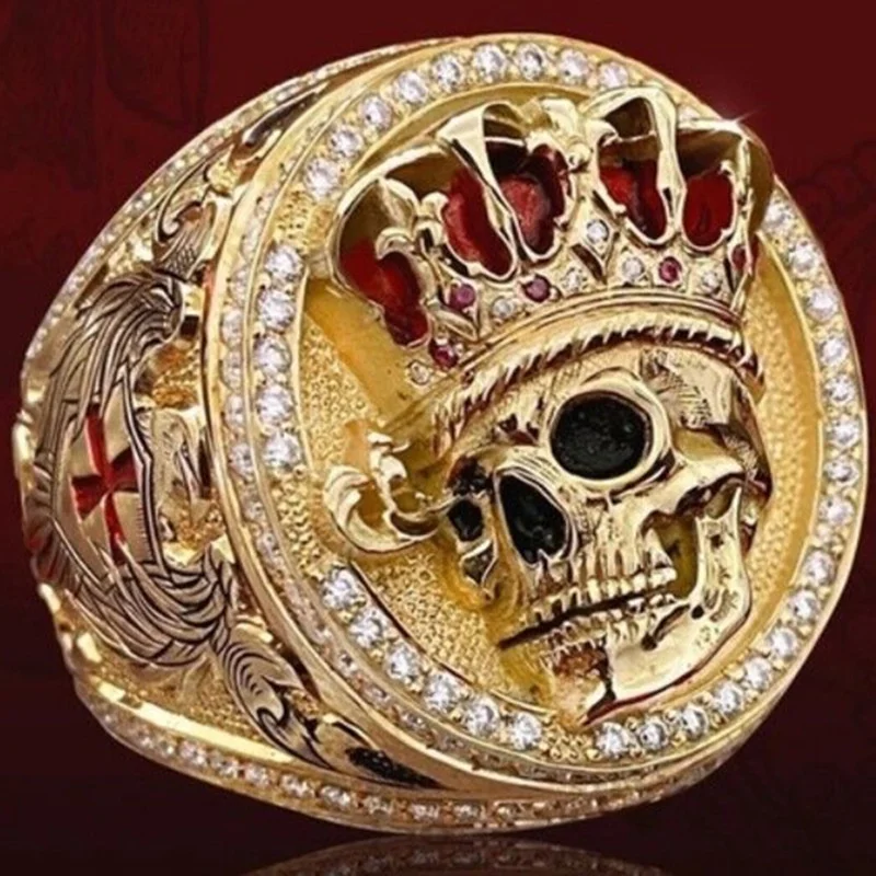 

New exaggerated jewelry crown skull head diamond drop oil and gas quality men's ring retro nightclub party ring wholesale