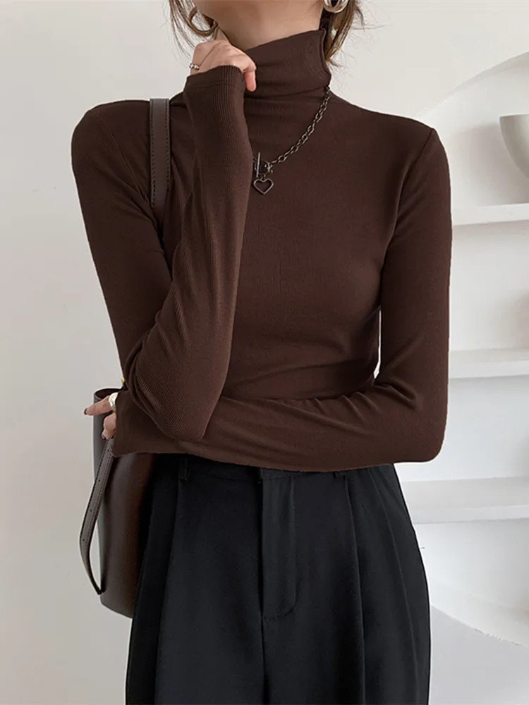 

2022 New Solid Velvet Knitted Women's T-Shirts Spring Autumn Long Sleeve Turtleneck Bottoming Minimalist Shirts Tops Female