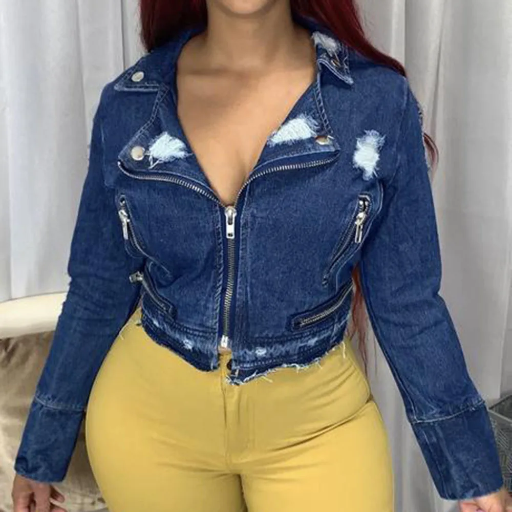 

2021 Women New Jacket Solid Color Zipper Lapel Long Sleeve Hole Autumn Winter Fashion Design Casual Western Style African