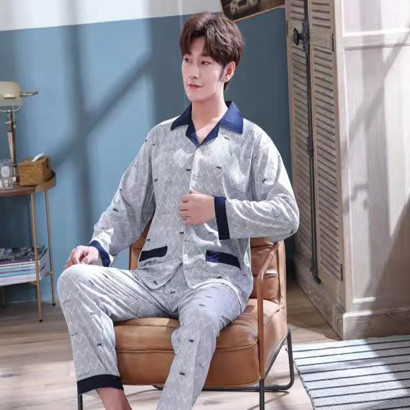 Пижама Мужская хлопковая простой роскошный пижамный комплект|Мужские пижамные