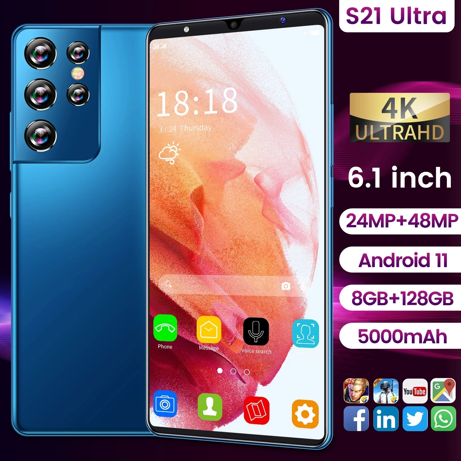 

Global Version 6.1-inch S21 Ultra Smartphone Android11 HD Display 5000mAh Battery 12+512GB Phone Google GPS WiFi 5G Mobilephone