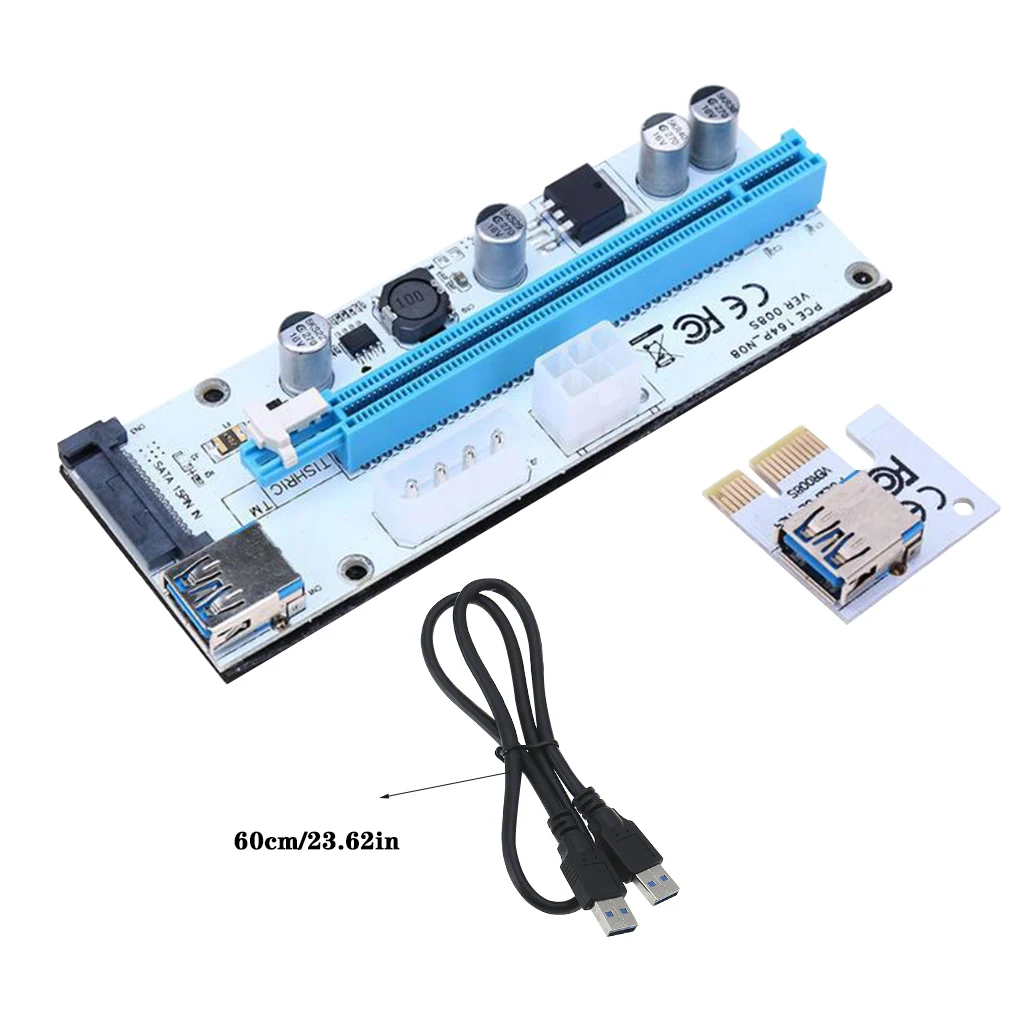 

10pcs VER008S 60CM PCI-E Riser Card 008S PCI Express 1X 16X Extension 4Pin 6Pin 15Pin SATA Power LED for GPU Miner Mining