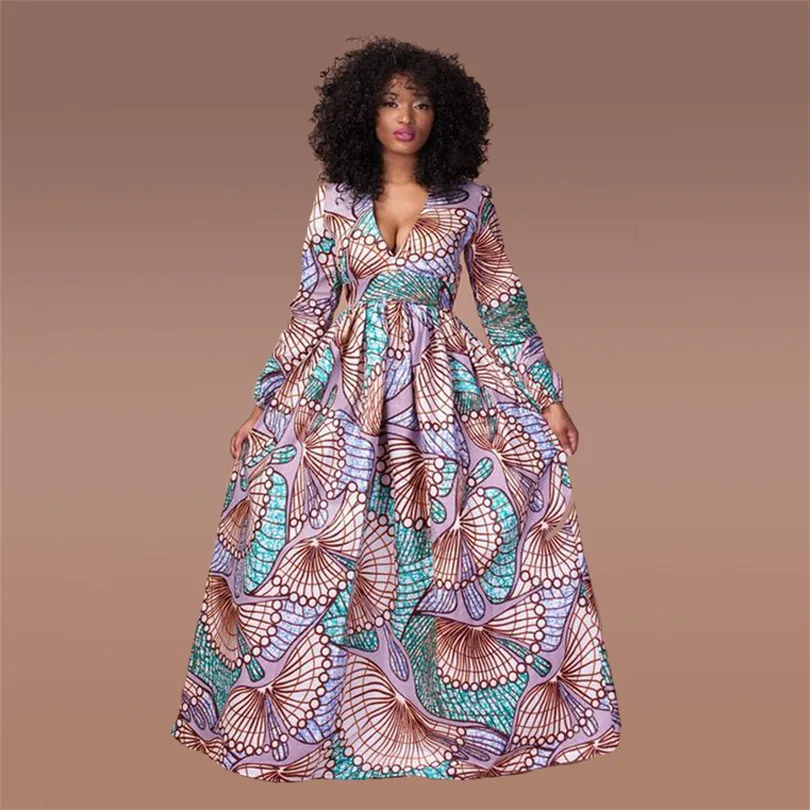 Модные африканские макси платья с длинным рукавом для женщин размера плюс дамские Анкара принт нигерийская одежда традиционная ткань с высокой талией