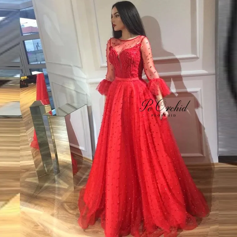 

Женское вечернее платье с жемчугом PEORCHID, элегантное красное ТРАПЕЦИЕВИДНОЕ ПЛАТЬЕ С ПРОЗРАЧНЫМИ РУКАВАМИ, бальное платье для выпускного ве...