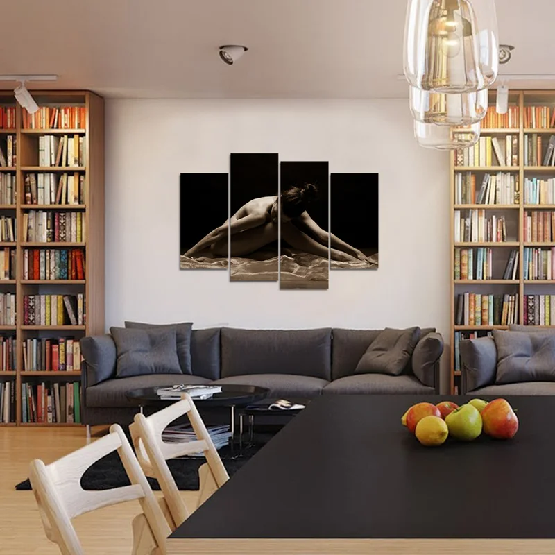 

4 Panels Canvas Wall Art Painting Sexy Nude Lady Print Home Decor Poster Black and White Modern Living Room Decoration Pictures