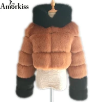 amorkiss winter women high quality fluffy faux fur coat womens winter coat with hat fox fur stitching color matching fur coat