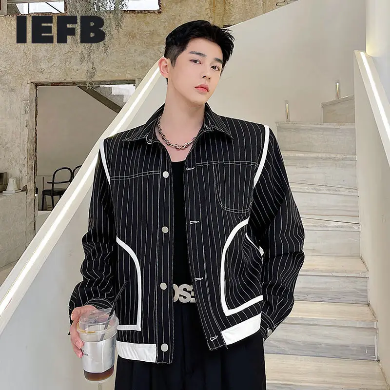 

IEFB 2021 Autumn Korean black white striped PU leather matching denim jacket korean trnecasual lapel short coat vintage 9Y7550