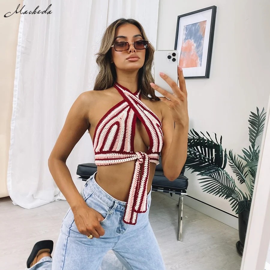 

Macheda Summer Fashion Striped Knitting Crop Top Women Sexy Hollow Out Halter Sleeveless Streetwear Lady Slim Casual Tank Top