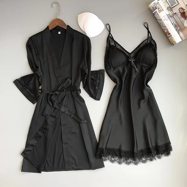 Black set Сексуальное женское кимоно из вискозы, белый халат для невесты, невесты, подружки невесты, Свадебный халат, комплект, кружевная отделка, одежда для сна, Повседневная Домашняя одежда, ночное белье - Цвет: Black set