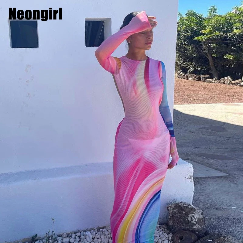 

Neongirl Mesh Sexy Backless Long Dress Women Colorful Halter Round Neck Paisley Elastic Long Sleeve Sexy Clubwear 2021 New