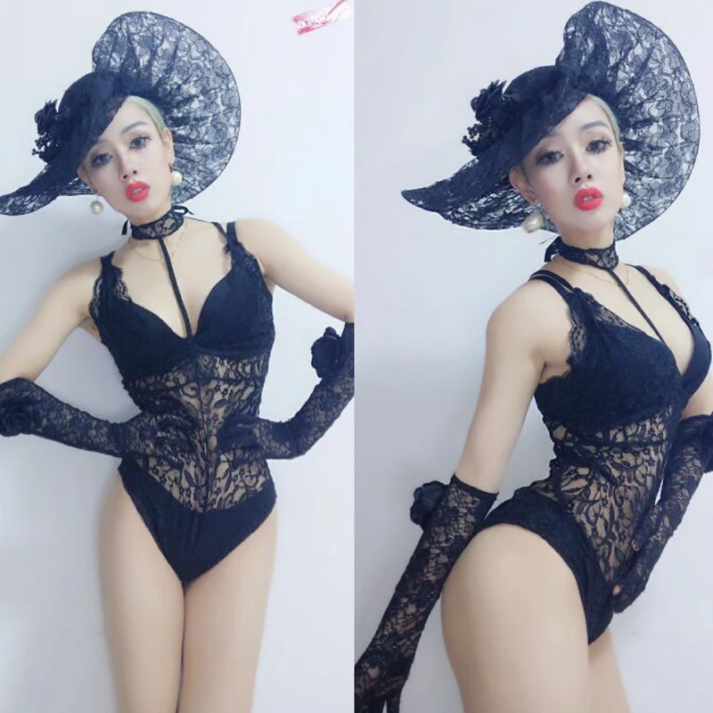 

Nightclub Female Singer Black Lace Jumpsuit DJDS Stage Performance Costume Evening Party Rave Outfit Pole Dance Wear DQL1722