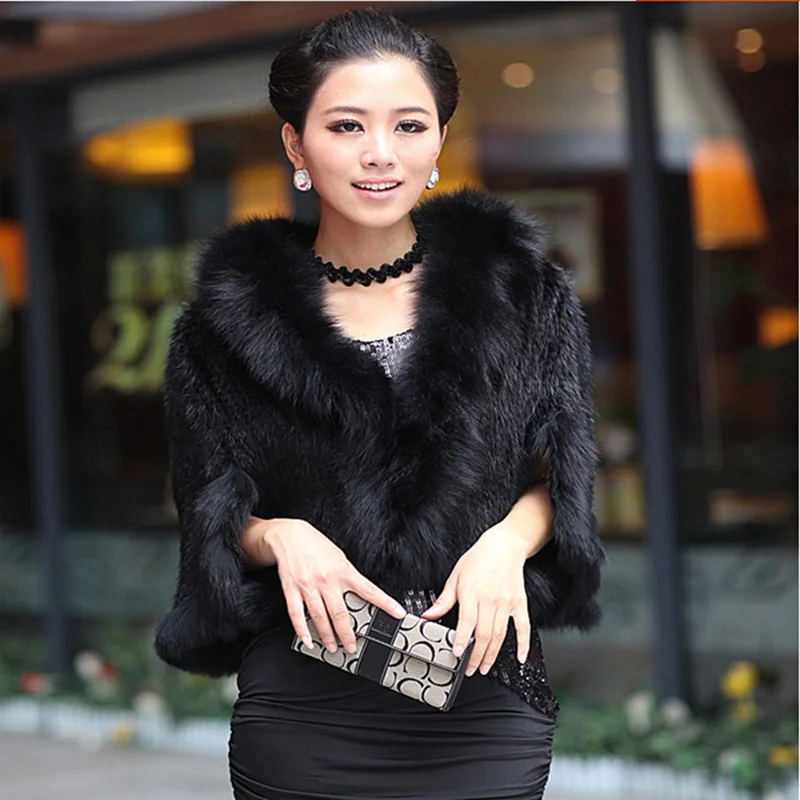 

SHZQ Knitted Natural Mink Fur Shawl Scarf for Women with Real Fox Fur Trim Collar Sleeve Femme Spring Autumn Capes and Wraps
