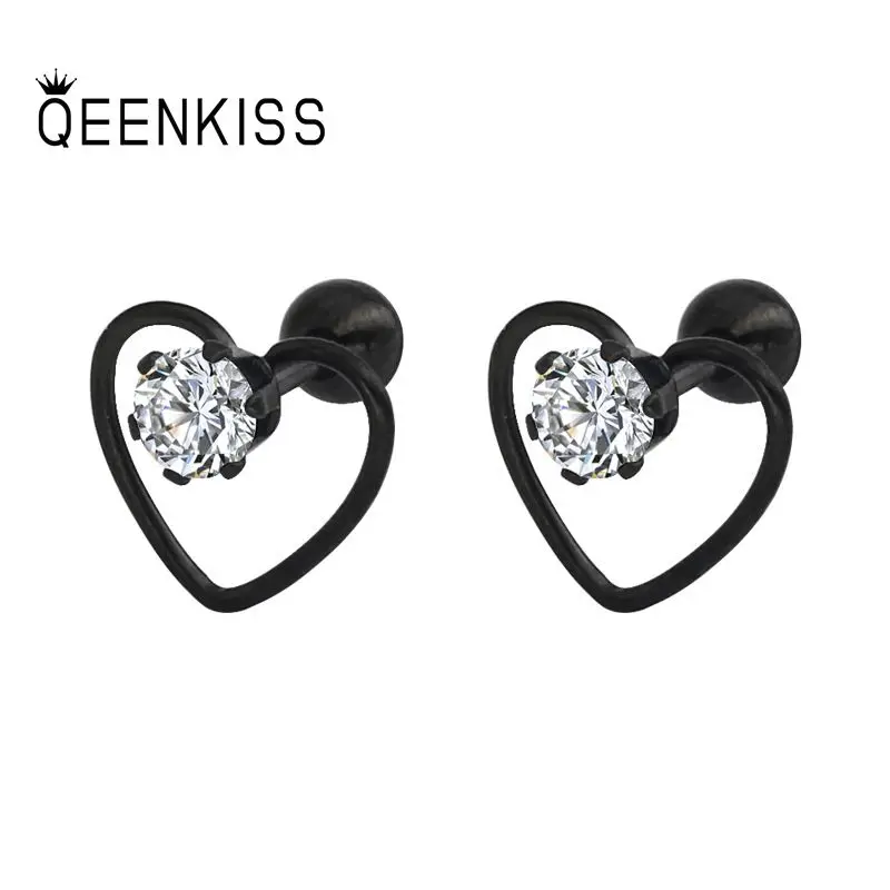 

QEENKISS EG8138 Fine Jewelry Wholesale Fashion Woman Girl Wedding Birthday Gift Zircon Titanium Steel Heart Stud Earrings 1PC