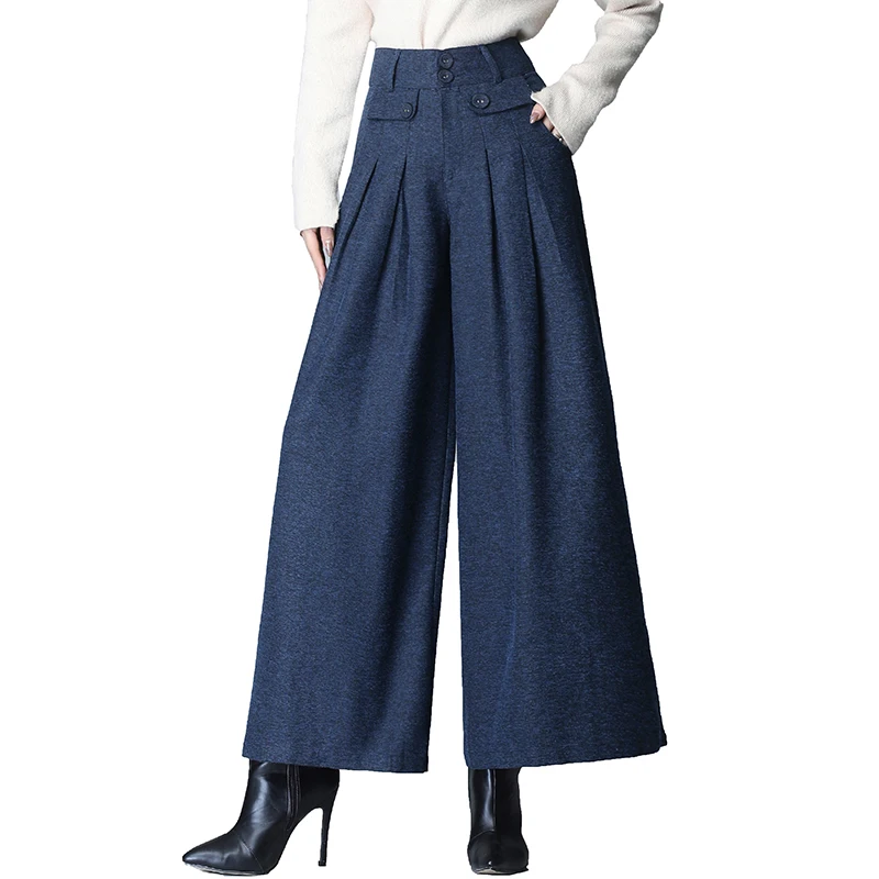 

Autumn Winter New 2020 Solid Woolen Pants Women Pleated Casual Pants Skirt Pants High Waist Loose Wool Wide Leg Pants