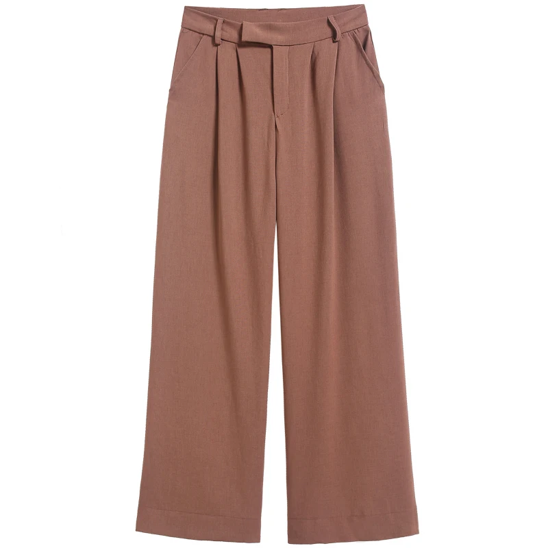 

CHICEVER Pink Pant For Women High Waist Casual Full Length Minimalism Wide Leg Pleated Loose Trousers Female 2021 Fall Clothing