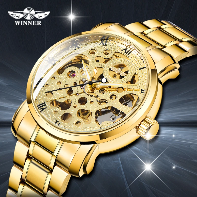 Часы-скелетоны мужские золотые с цифрами в спортивном стиле | Наручные часы