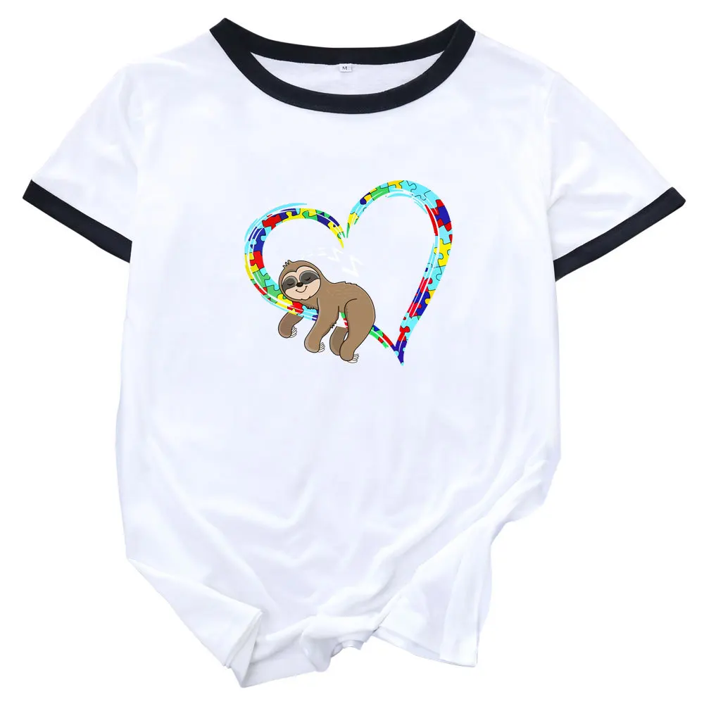 

Funny Animal Sloth Sleep Heart Womens Colorblock Crewneck Short Shleeve Cotton Summer T-shirts Graphic Tees Female Print Top