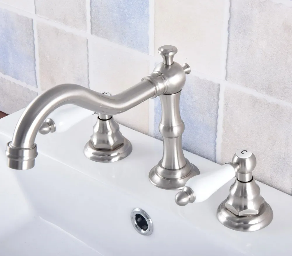 

Brushed Nickel Brass 2 Ceramic Handle Deck-Mount 3 Hole Widespread Bathroom Lavatory Vessel Basin Faucet Sink Mixer Tap dnf688