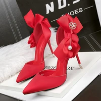 korean 2021 summer new fashion high heels bow sexy cute pearl sandals stiletto pumps wedding shoes womens designer bridal shoes