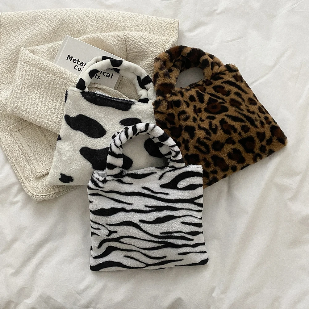

Women Leopard Cow Zebra Animal Print Plush Handbag Lady Mini Casual Top-handle Bag Autumn Winter Fluffy All-match Phone Bags