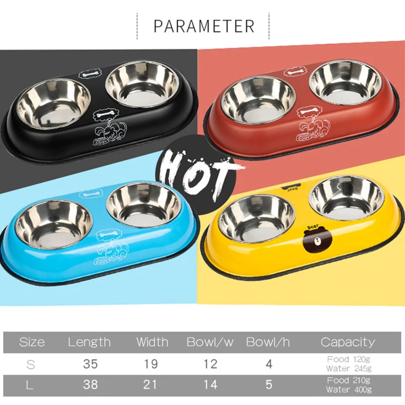

Double Pet Bowls Dog Food Water Feeder Non-slip Cartoon Stainless Steel Dog Water Food Bowl Pet Drinking Dish Feeder Supplies
