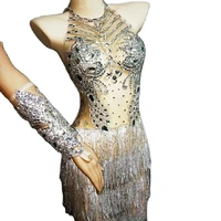 sparkling sequins rhinestones bodysuit women mesh gauze perspective tassel bodycon nightclub dance wear party evening costume