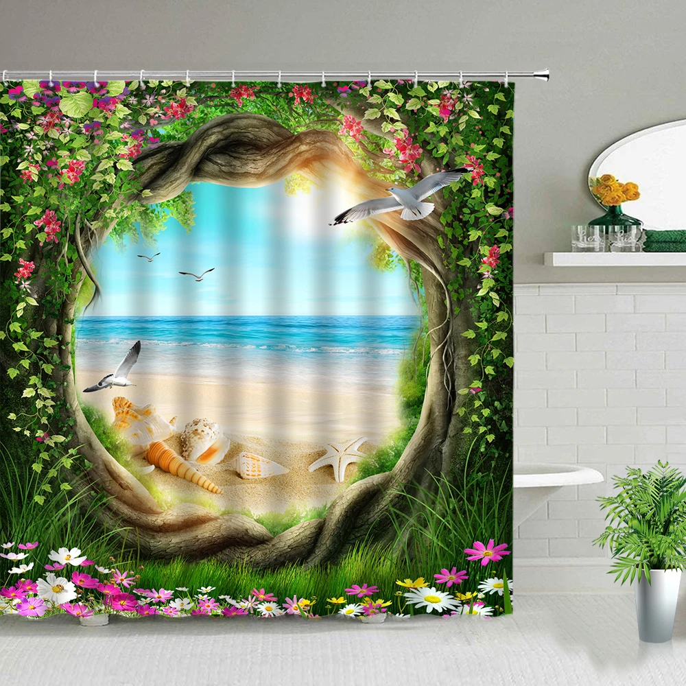 

Flower Plant Ocean Beach Starfish Scenery Shower Curtains Fairy Dream Forest Elves Girl mushroom Magic Tree Print Bath Curtain