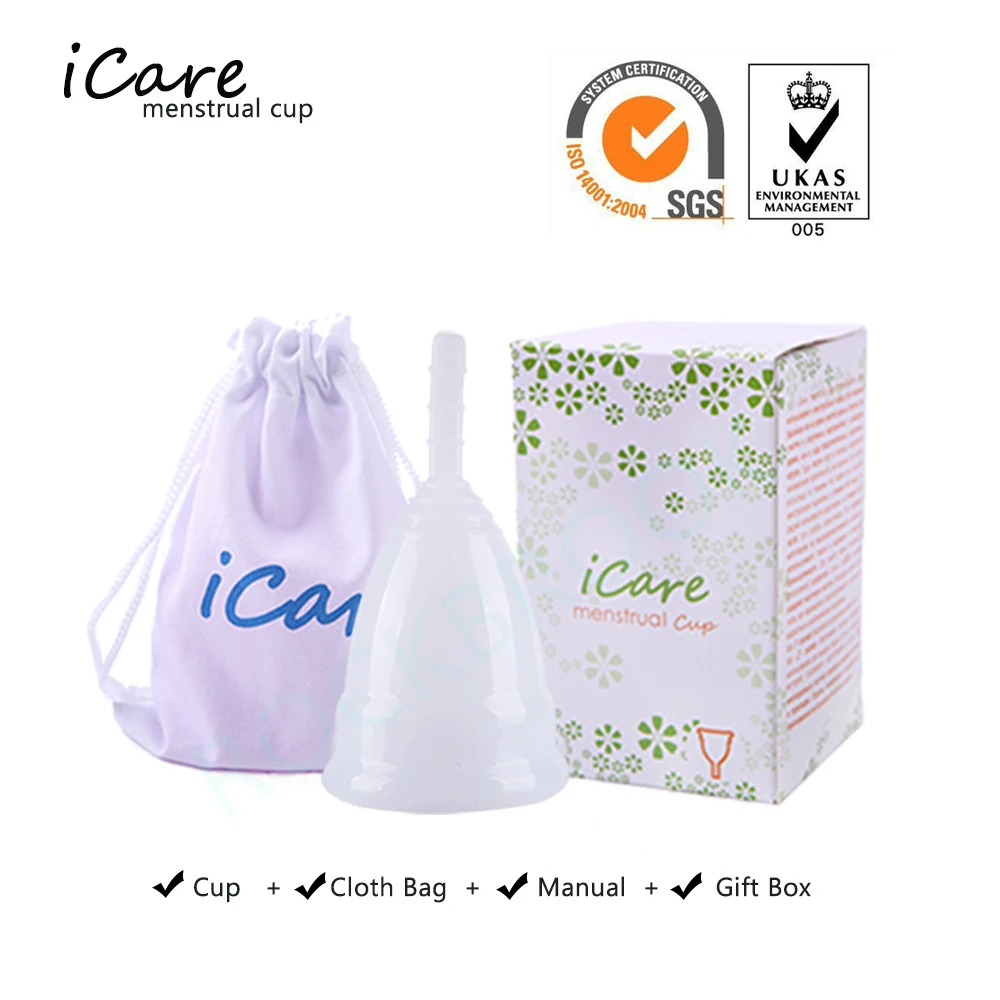 ICare Горячая Распродажа, медицинская силиконовая менструальная чашка для женщин, женская гигиеническая менструальная многоразовая Женская менструальная чашка - Цвет: White cup with box