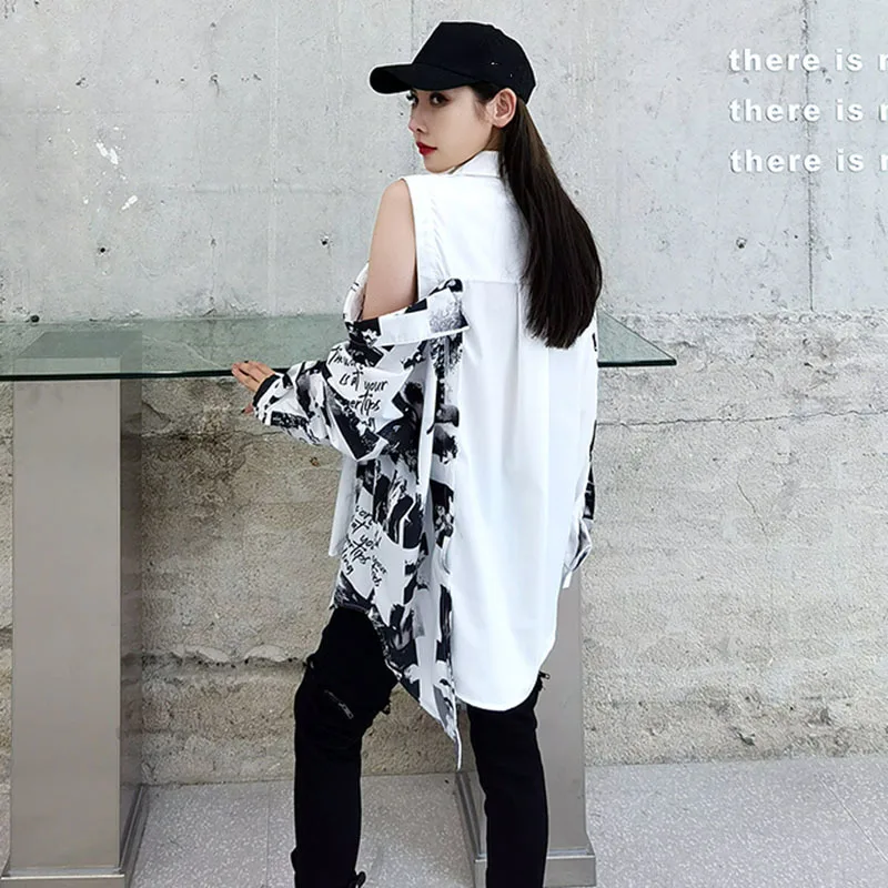 

SeeBeautiful Printed Irregular Stitching Large Size Shirt Lapel Long Sleeve Button New Fashion Spring Summer 2021 Women E380