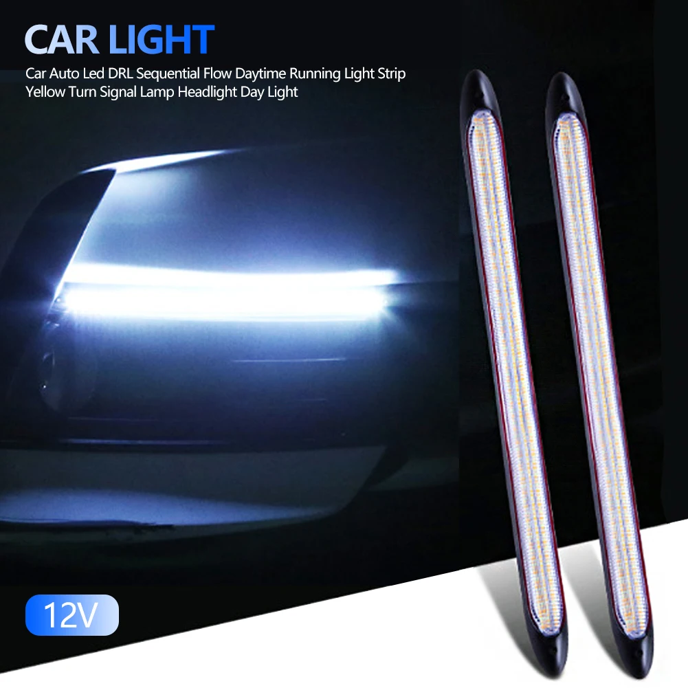 

2pcs Universal Car LED Daytime Running Light Scan Waterproof Headlight Strip Sequential Flow Yellow Turn Signal White DRL Light