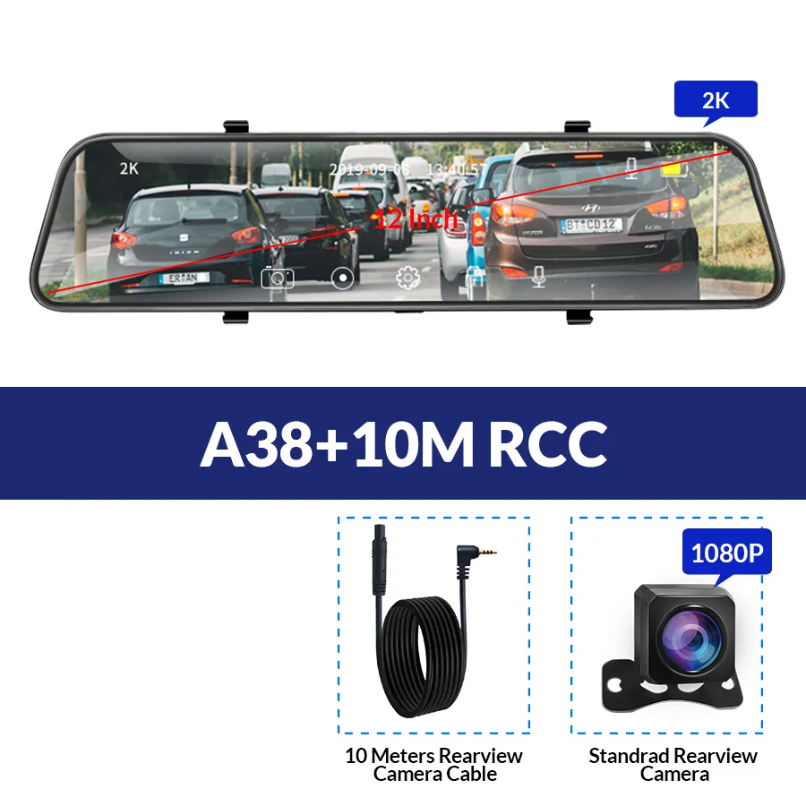 E-ACE A38 Автомобильный видеорегистратор 1" Сенсорное зеркало заднего вида 2K Dashcam с камерой заднего вида FHD 1080P Автомобильная камера с двумя объективами видео Dvr рекордер - Название цвета: A38-10M RCC