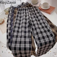 koijizayoi vintage women plaid wide leg pant elastic high waist straight fall winter fashion trousers thicken warm harem pants