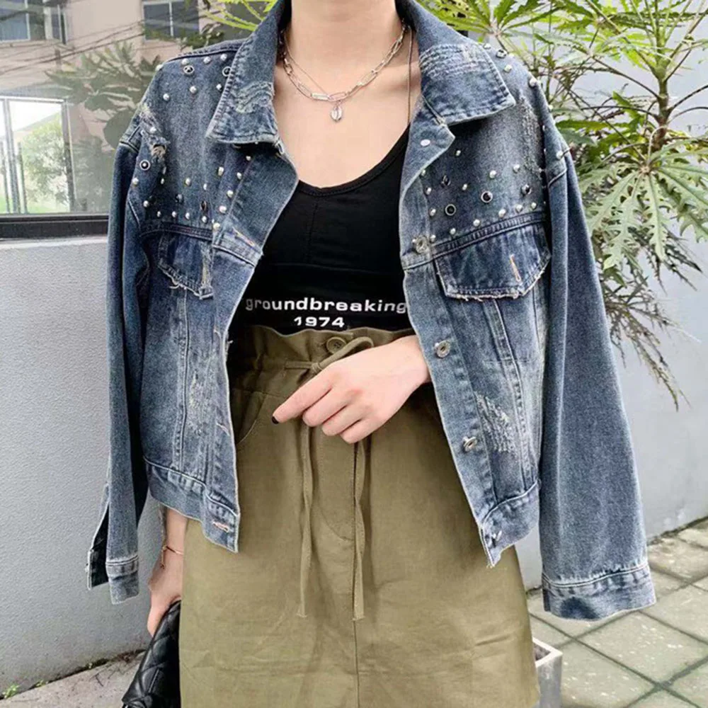 Осень 2020 модная женская синяя джинсовая куртка с заклепками для дам в Корейском