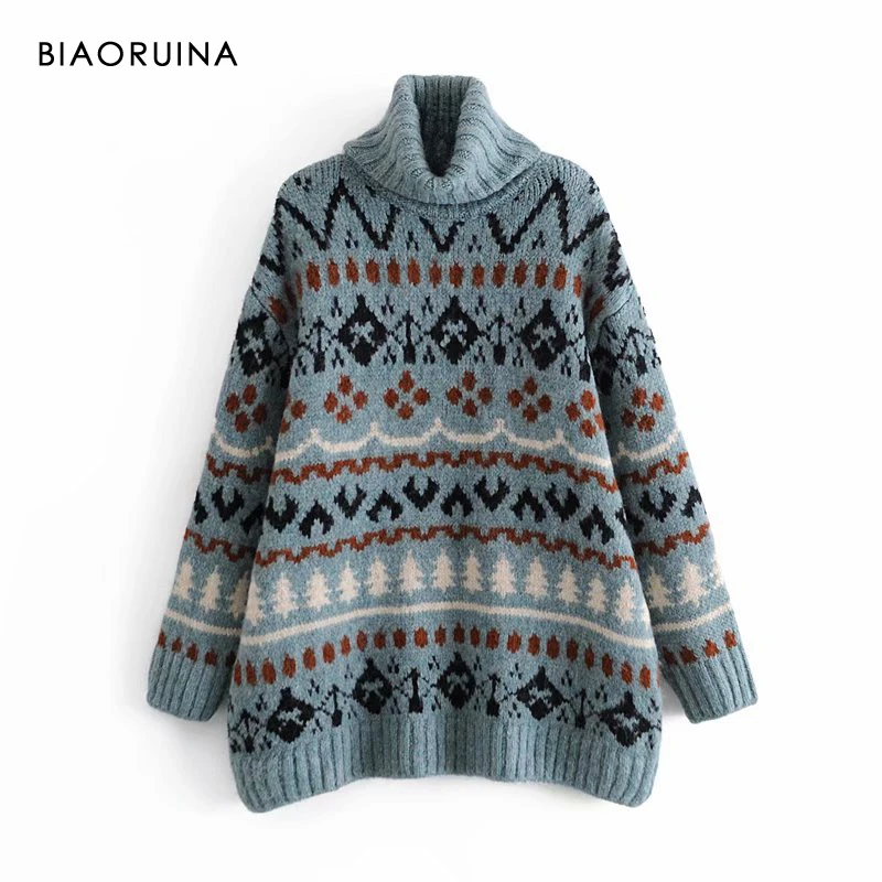 

BIAORUINA Womens Folk Indie Jacquard Oversized Turtleneck Sweater Female Winter Thick Warm All-match Loose Fashion Knit Pullover