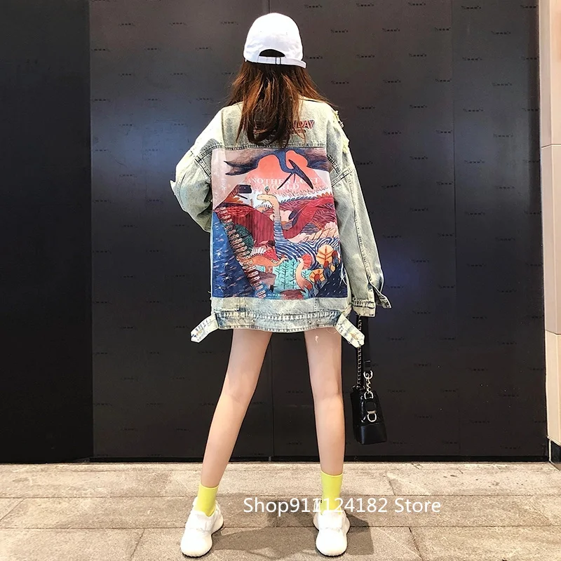 

2021 Spring Autumn New Hong Kong Flavor BF Harajuku Style Strange Cartoon Pattern Hole Loose Wash Old Denim Jacket Female Trend