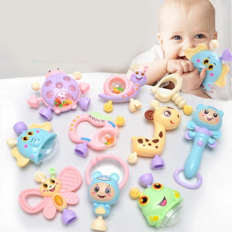 

6-10pcs Baby Toys Hand Hold Jingle Shaking Bell Teether Ring Baby Rattles Toys