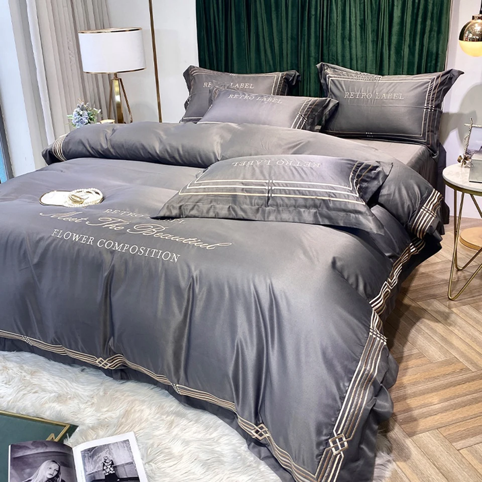 

Пододеяльник женский 4 шт., роскошное покрывало с вышивкой, Современная простыня белого и серого цветов, Королевский размер