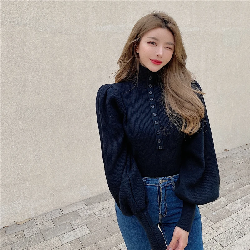

Women Vintage Lantern Sleeve Thin Sweater 2021 Spring Vintage Turtleneck Button Pullover Female Solid Jumper Korean Chic Tops