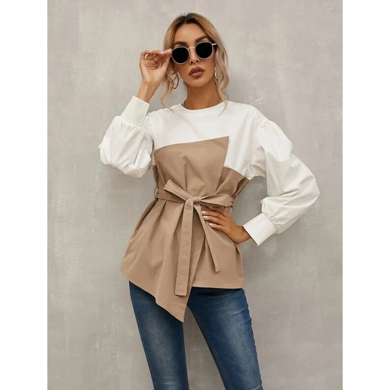 

Женская шифоновая блузка с круглым вырезом, рукавами-фонариками и бантом