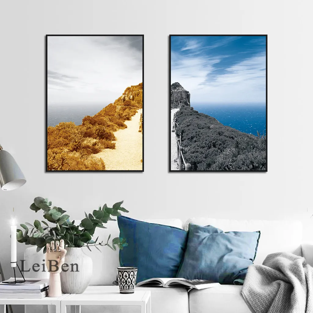 

Symmetrical Painting Orange Blue Mountain Forest Landscape Poster Wall Art Canvas Print for Living Room Bedroom Corridor Decor