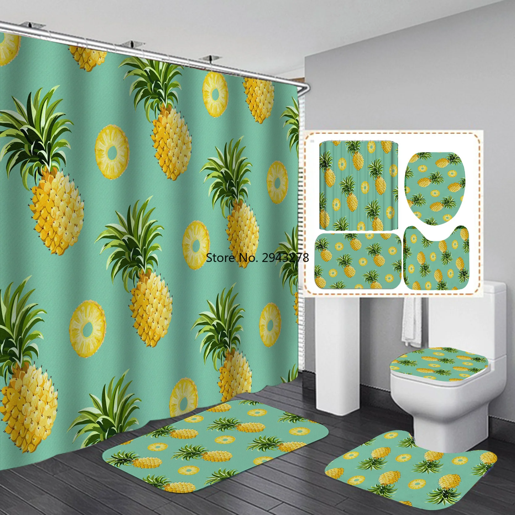 

Watercolor Pineapple Shower Curtain Set with Non Slip Bath Mat Carpet Modern Bathroom Curtains Toilet Lid Cover Home Decoration