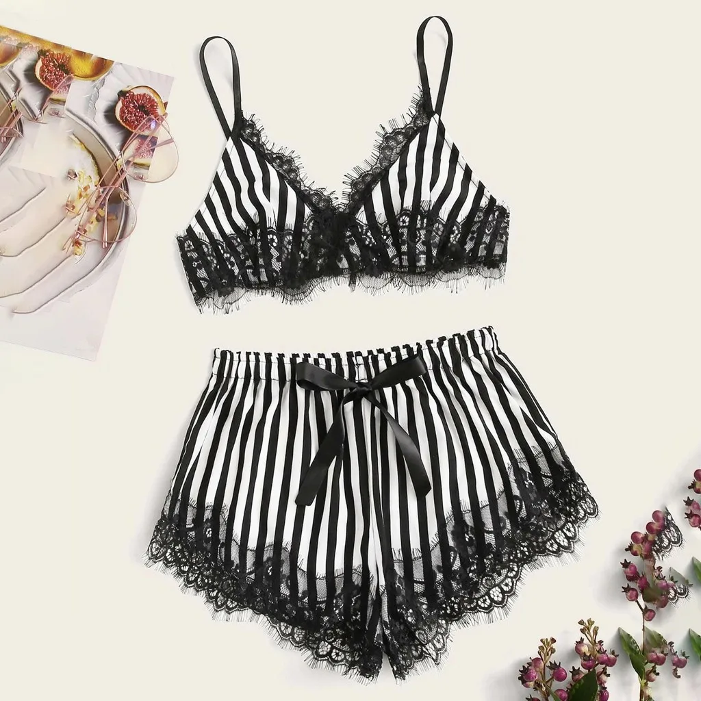 

Women Underwear Bow Lace Nightgowns Fashion Satin Sexy Night Dress Suit Striped Lingerie Porno Babydoll Erotic Sleepwear