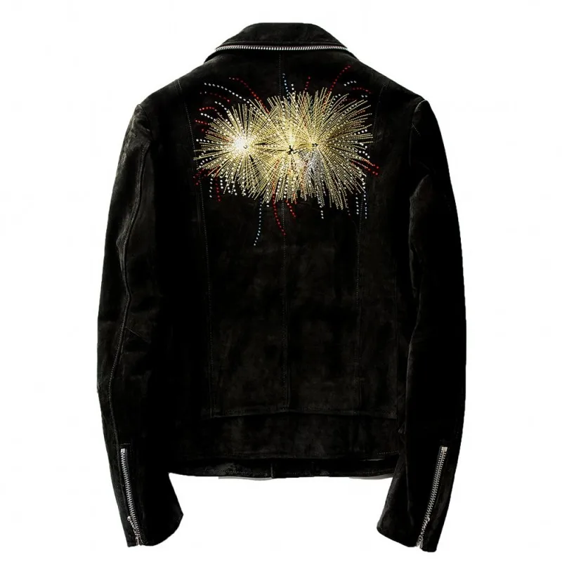 

Jacket Mens Motorcycle Fashion Outerwear Embroidery Diamonds Sheepskin Coat Slim Fit Zipper Cow Suede Genuine Leather Jackets