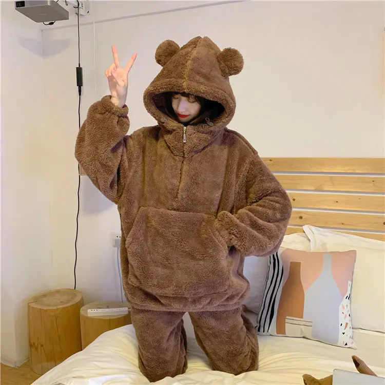 

Pajamas Suit Women's Thickened Plush Autumn and Winter Cute Bear Loose Casual Dormitory Pajamas Two Piece Set To Keep Warm