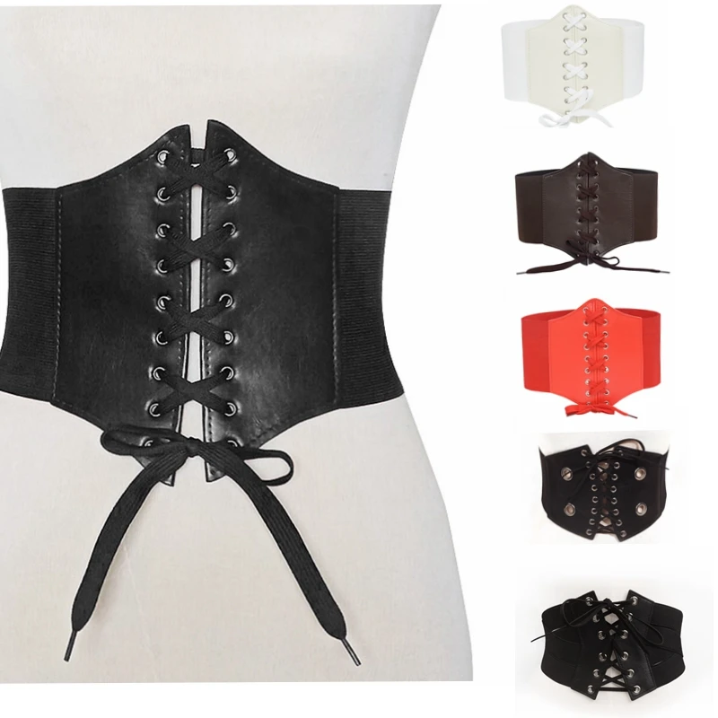 

Women Fashion Elastic Stretch Wide Band Corset Waist Belt black lace up