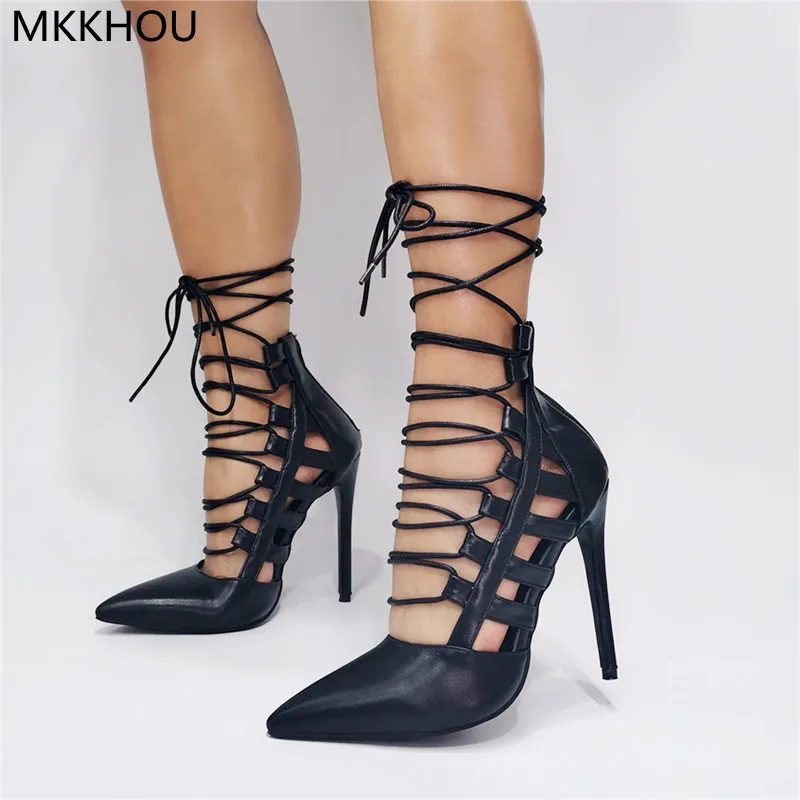 MKKHOU Fashion Pumps New Original Design Temperament Pointed Toe Roman Style Cross Strap Thin 12cm Black High Heels Dress Shoes